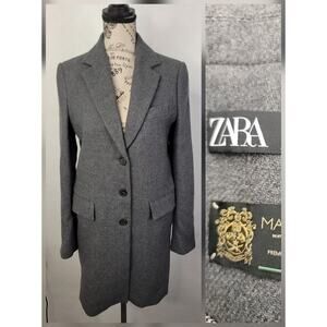 Zara Manteco Peacoat Sz XS Italian Wool Dark Gray Three Button Long Coat Jacket